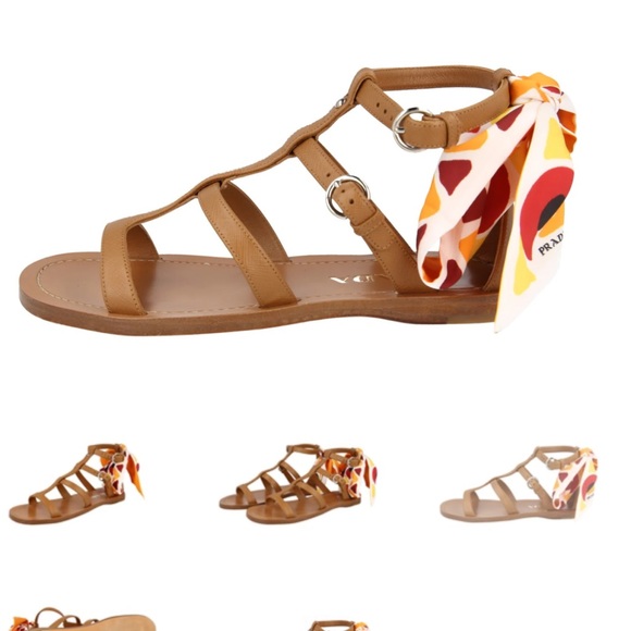 NIB Prada Women's Brown Leather Gladiator Sandals 1X096M With Silk Scarf Size 37 - Picture 2 of 16